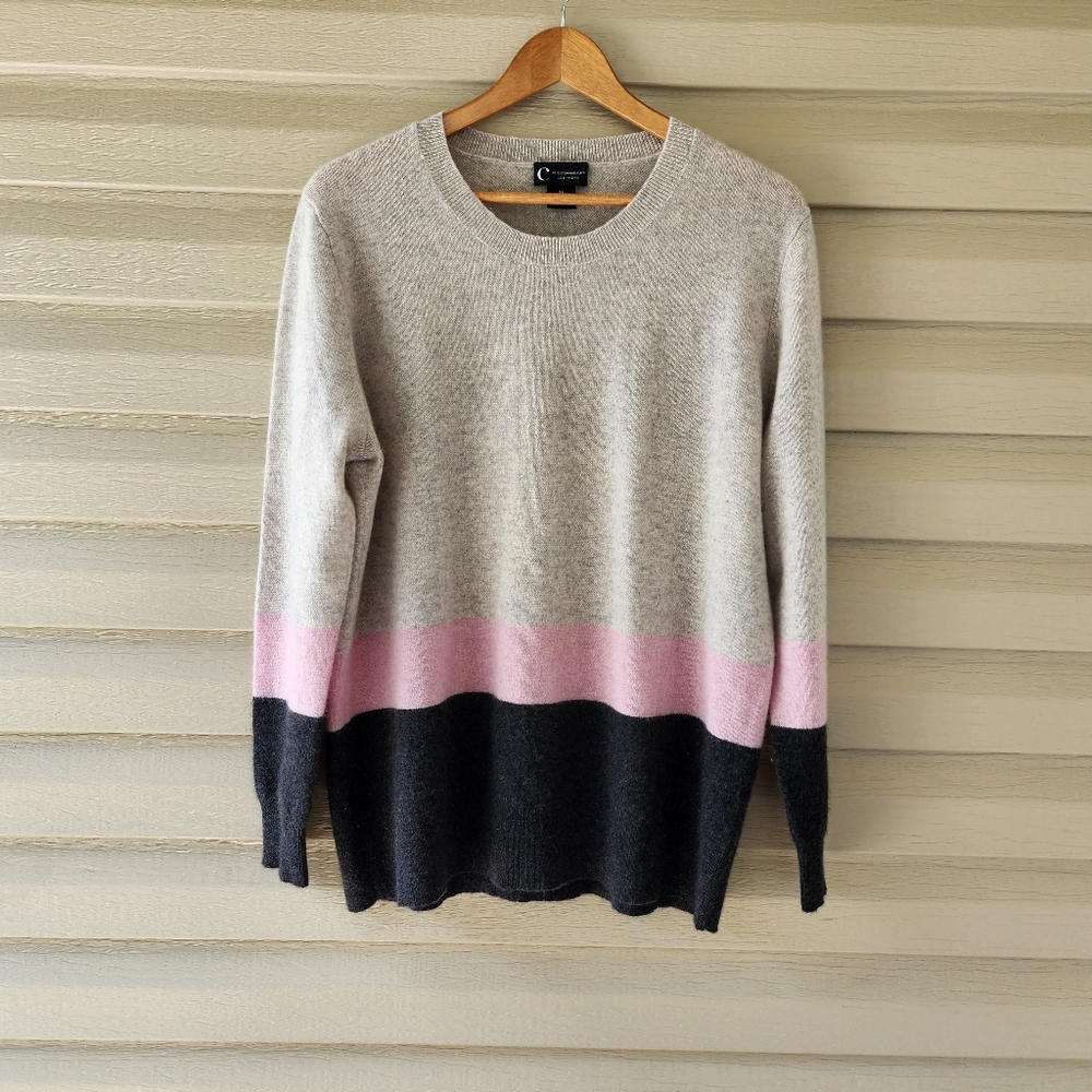 Bloomingdale's Neutral, Pink & Black Colorblock Crewneck Sweater
